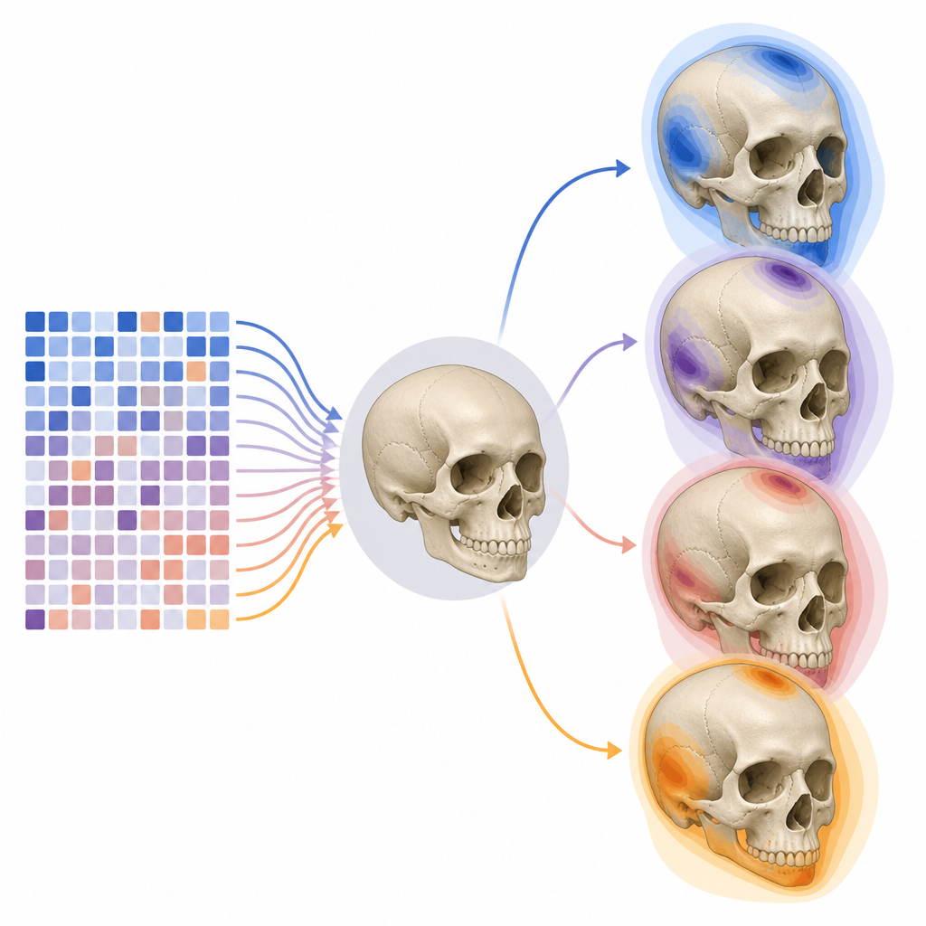 Figure 2. Small internal changes in the AI model create different but plausible skull shapes, revealing patterns of uncertainty.