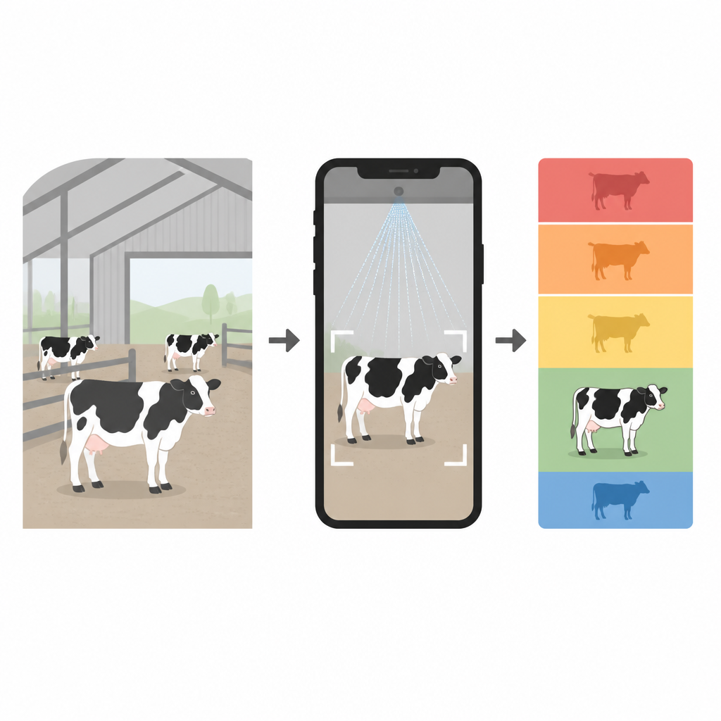 Figure 1. Ein Smartphone betrachtet Kühe im Stall und verwandelt jedes Bild in eine einfache Gewichtsspanne, ganz ohne physische Waage.