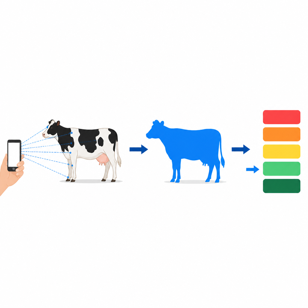 Figure 2. Das Telefon scannt eine Kuh, isoliert ihre Körperform und arbeitet dann mit farblich gekennzeichneten Bändern, um die am besten passende Gewichtsspanne auszuwählen.