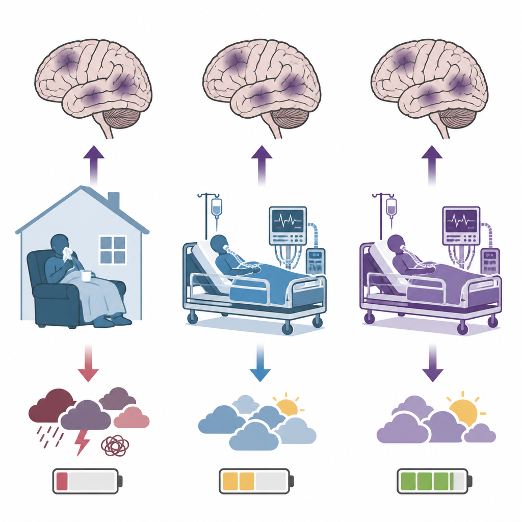Figure 1. Confrontare capacità cognitive e benessere a lungo termine dopo COVID lieve, COVID grave con terapia intensiva e altre malattie critiche.