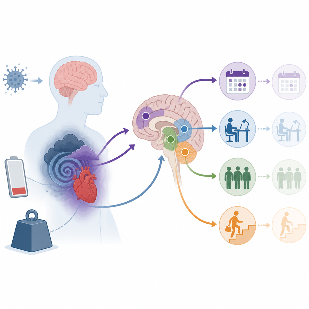 Figure 2. Come la fatica e l’umore depresso dopo un COVID lieve siano collegati a problemi cognitivi persistenti e difficoltà nella vita quotidiana.