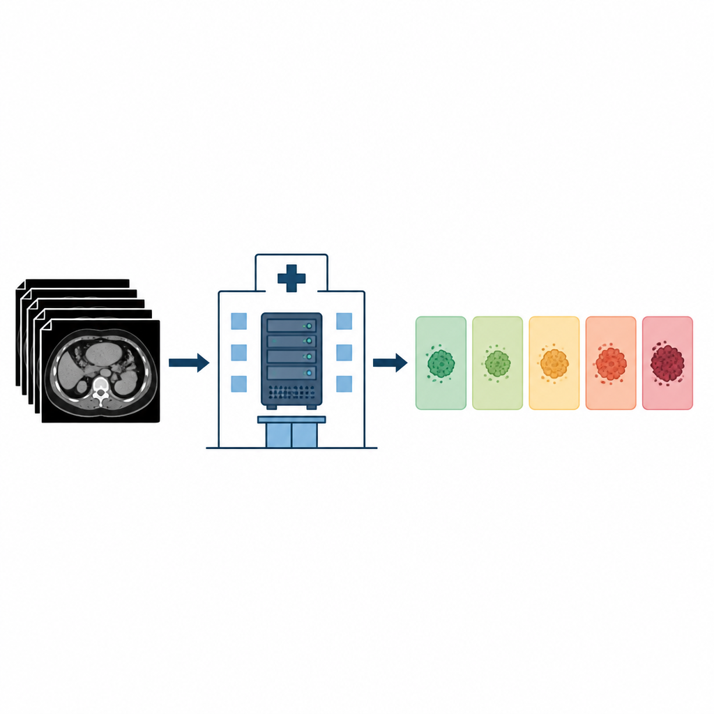 Figure 1. Un'IA ospedaliera offline legge i referti TC e li trasforma in categorie di risposta tumorale semplici per i medici.