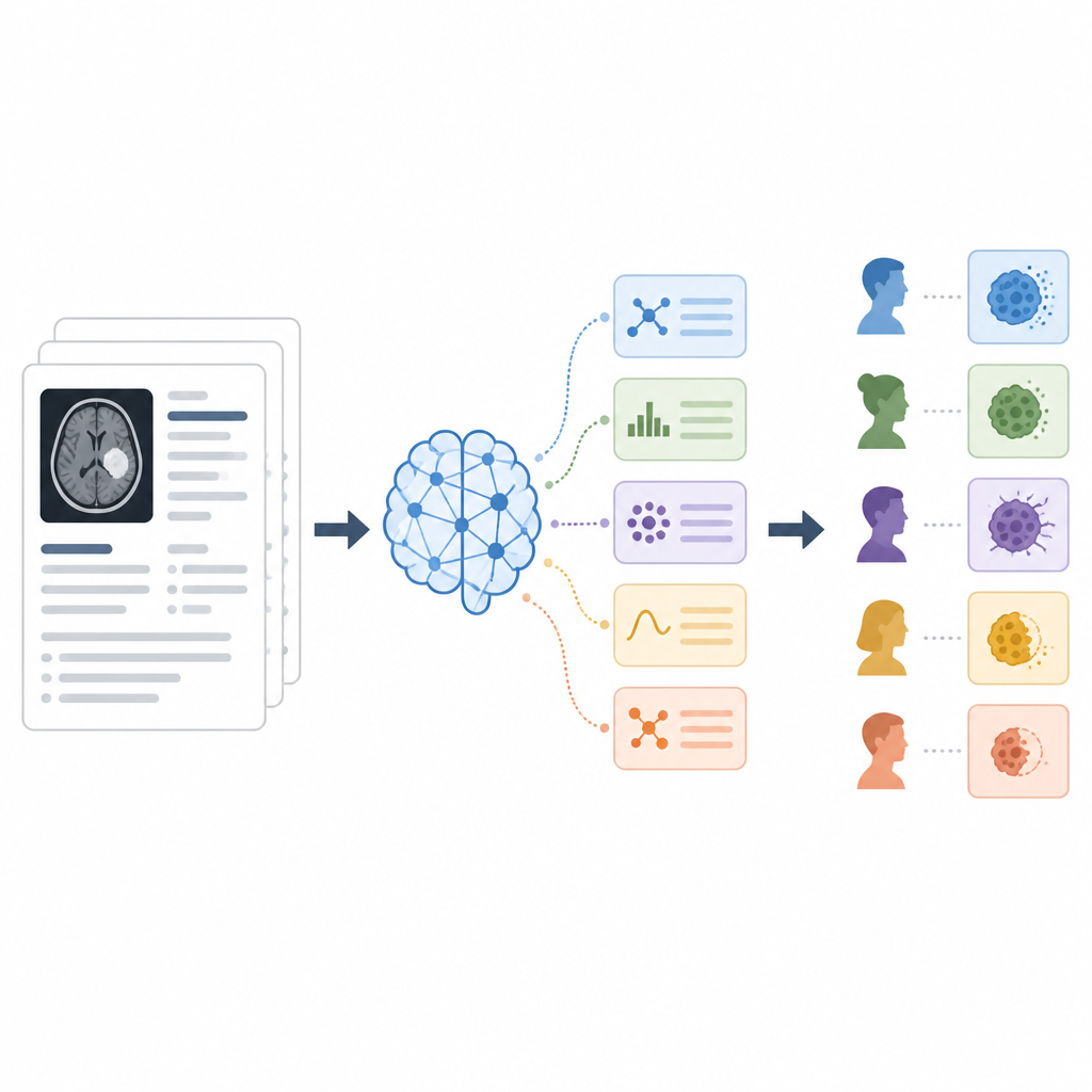 Figure 2. L'IA analizza un referto radiologico, ragiona sui cambiamenti tumorali e assegna uno dei diversi esiti di risposta codificati a colori.