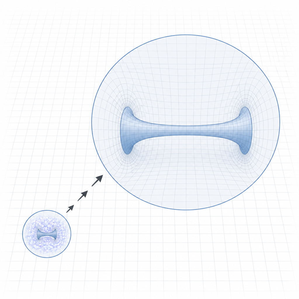 Figure 1. Piccolo tunnel dello spaziotempo dentro una bolla locale che si gonfia fino a diventare un grande buco di verme mentre lo spazio esterno rimane calmo.