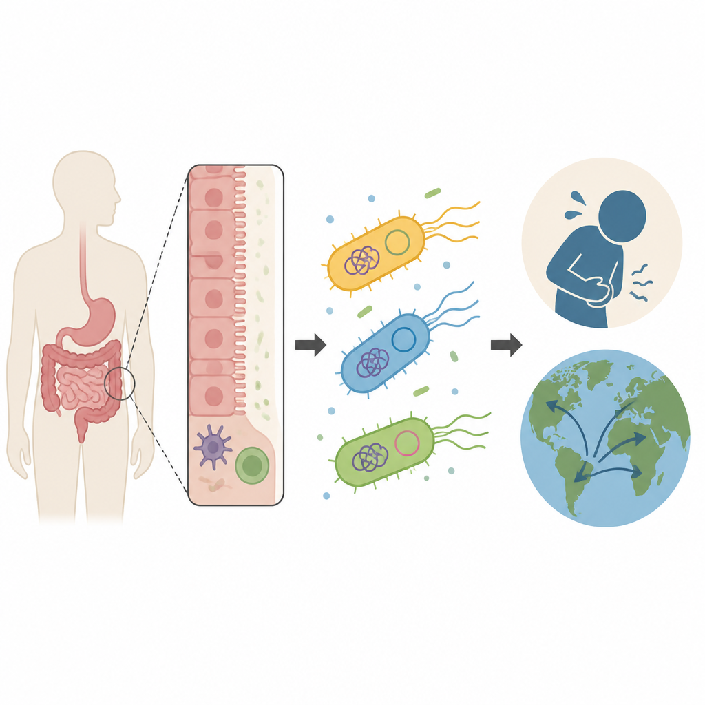 Figure 1. Wie eine zunehmende Durchfallerkrankungs‑E. coli‑Linie von Darminfektionen zu globaler Verbreitung gelangt