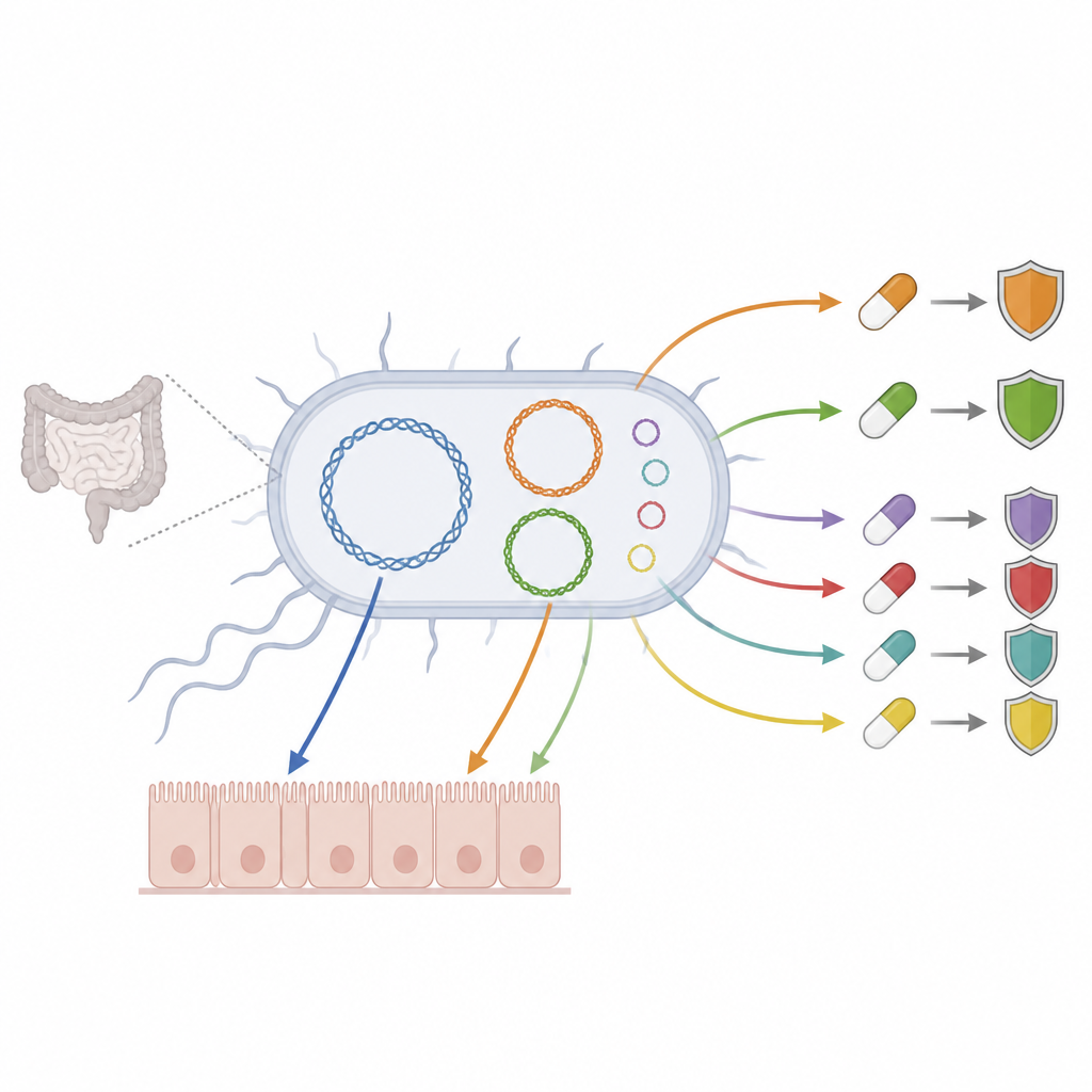 Figure 2. Wie eine E. coli‑Linie stabile Krankheitseigenschaften mit flexibler Plasmid‑vermittelter Arzneimittelresistenz ausbalanciert