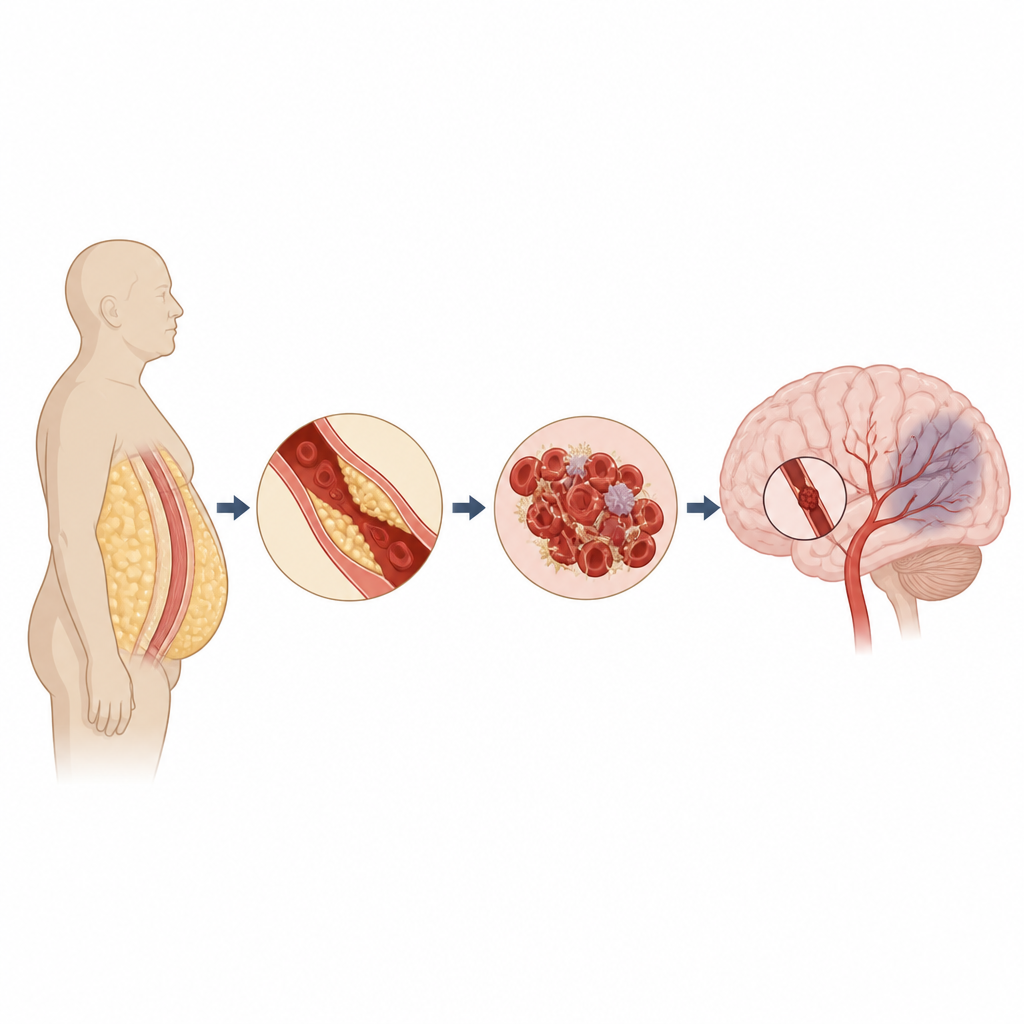 Figure 2. Come l’eccesso di tessuto adiposo può danneggiare i vasi sanguigni e ostacolare il flusso sanguigno cerebrale causando l’ictus.