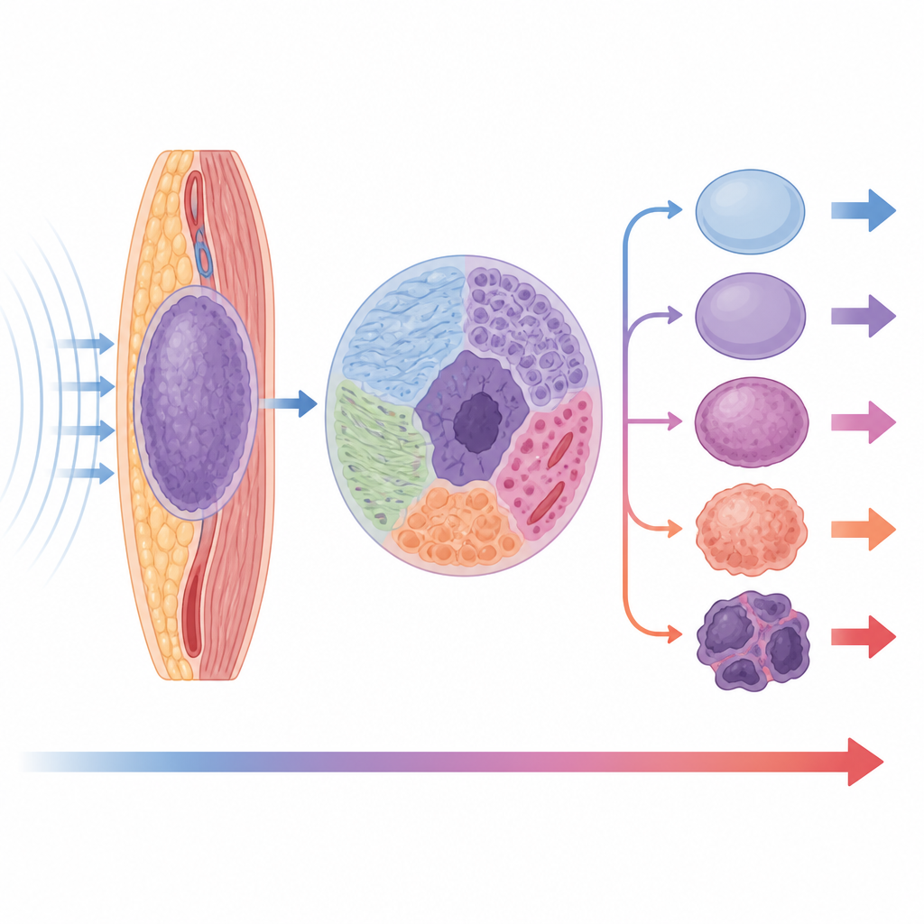 Figure 2. Onde di taglio che attraversano un tumore mostrano variazioni di rigidità e aree irregolari che aumentano passando da tumori benigni a quelli ad alto rischio.