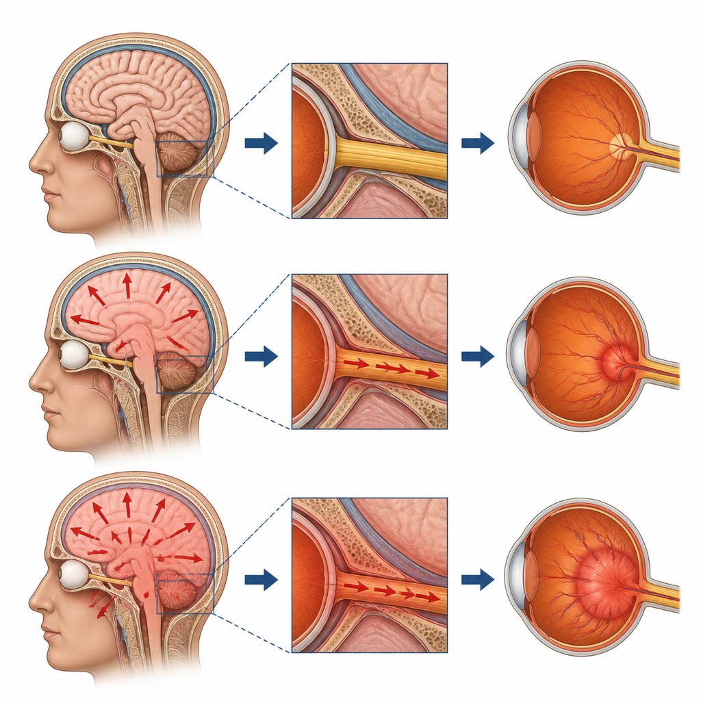 Figure 2. Come l’aumento della pressione cranica si propaga lungo il nervo ottico e fa gonfiare la parte posteriore dell’occhio.