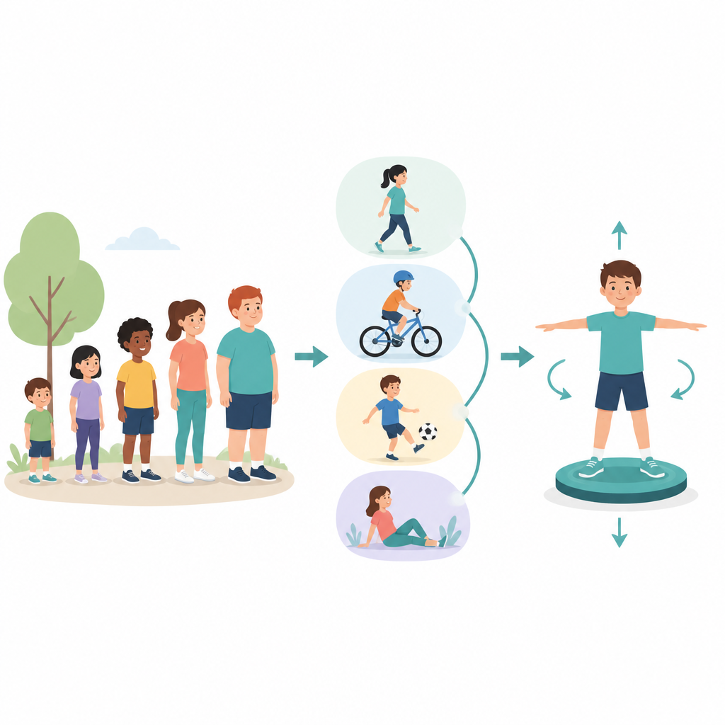 Figure 1. Wie Körpergröße und alltägliche Bewegung von Kindern mit ihrer Fähigkeit zusammenhängen, das Gleichgewicht zu halten.
