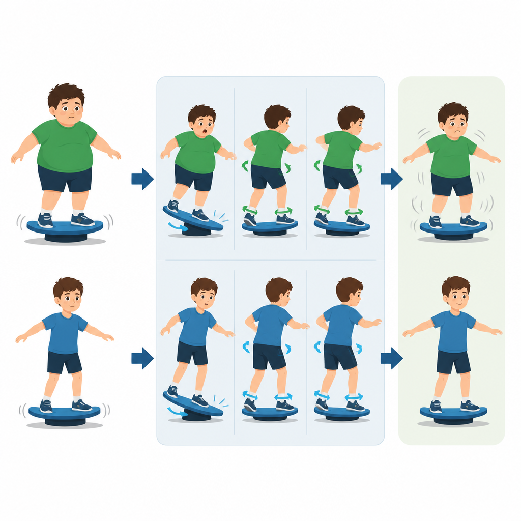 Figure 2. Wie Körpergewicht und organisierter Sport die Gleichgewichtsreaktionen von Kindern auf einer sich bewegenden Plattform verändern.