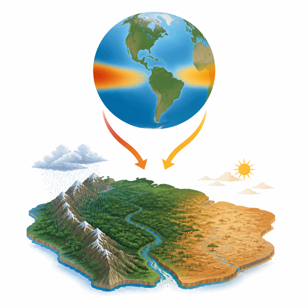 Figure 1. Come i lenti cambiamenti oceanici orientano le piogge estive del Sud America e spostano l'equilibrio tra futuri più umidi o più aridi
