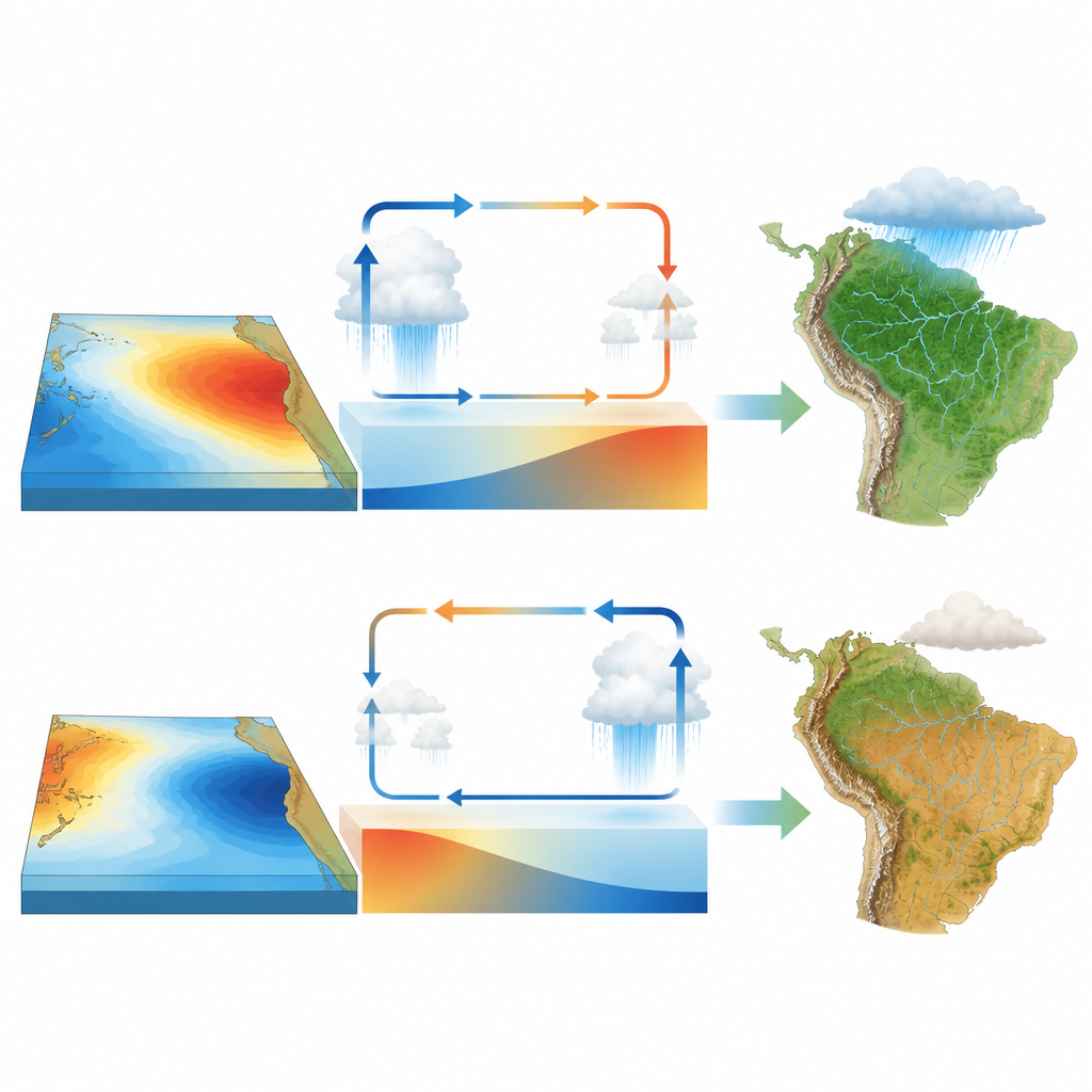 Figure 2. Come le variazioni dei modelli tropicali del Pacifico alterano la circolazione atmosferica e spingono la regione amazzonica verso condizioni più umide o più secche