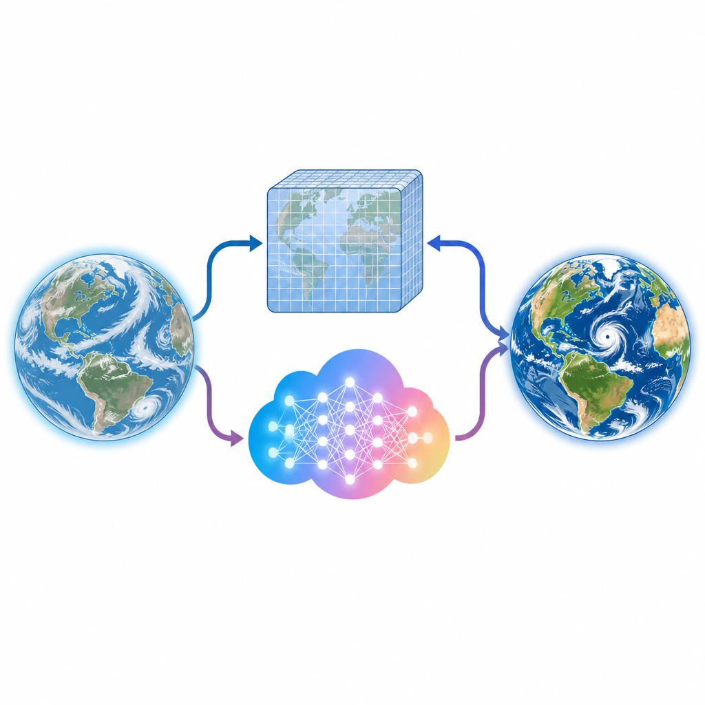 Figure 1. Sistema ibrido in cui un modello fisico semplice e un correttore AI lavorano insieme per fornire previsioni meteorologiche globali migliori.