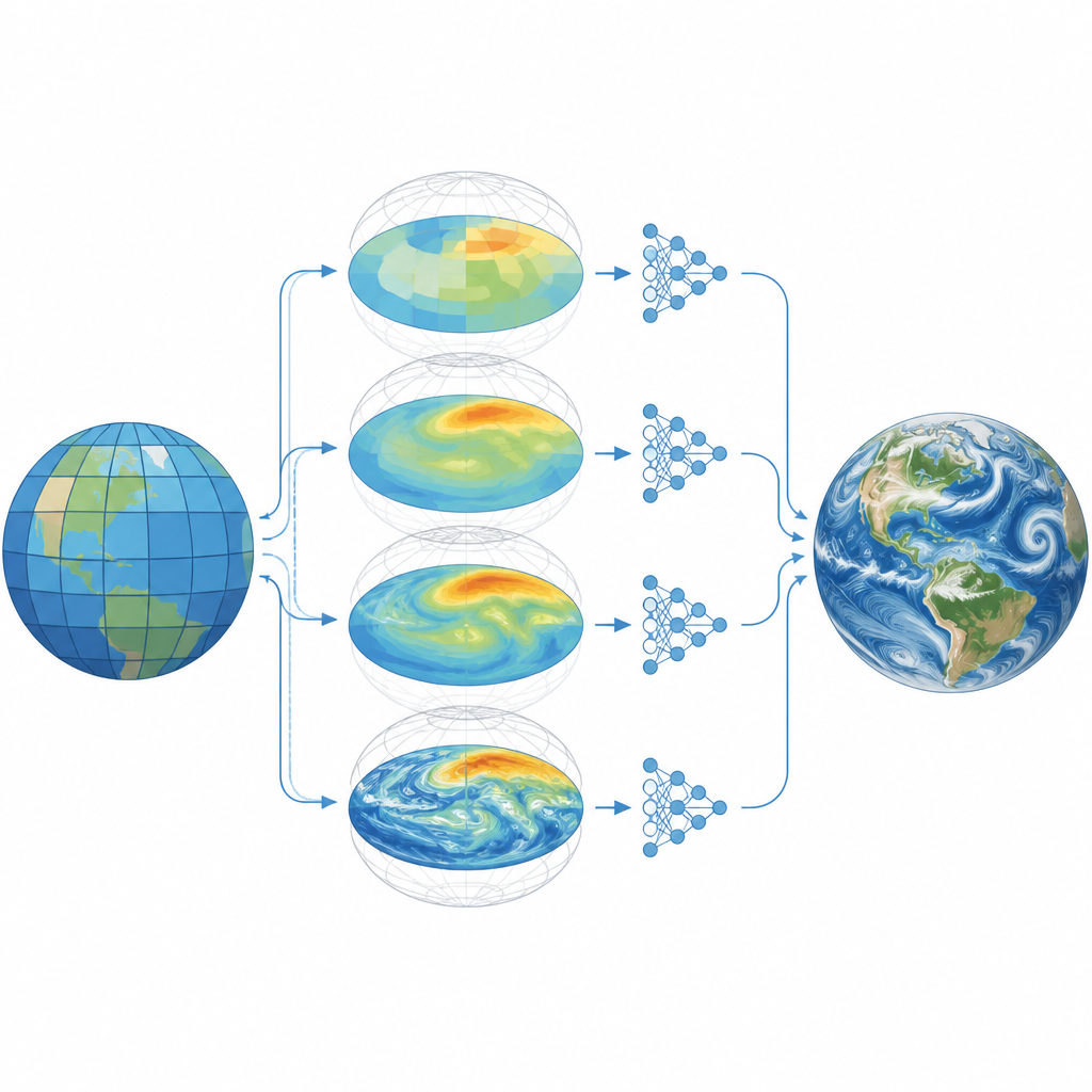 Figure 2. L’output di un modello meteorologico grossolano viene raffinato passo dopo passo da una rete neurale multiscala fino a diventare una previsione più precisa e realistica.