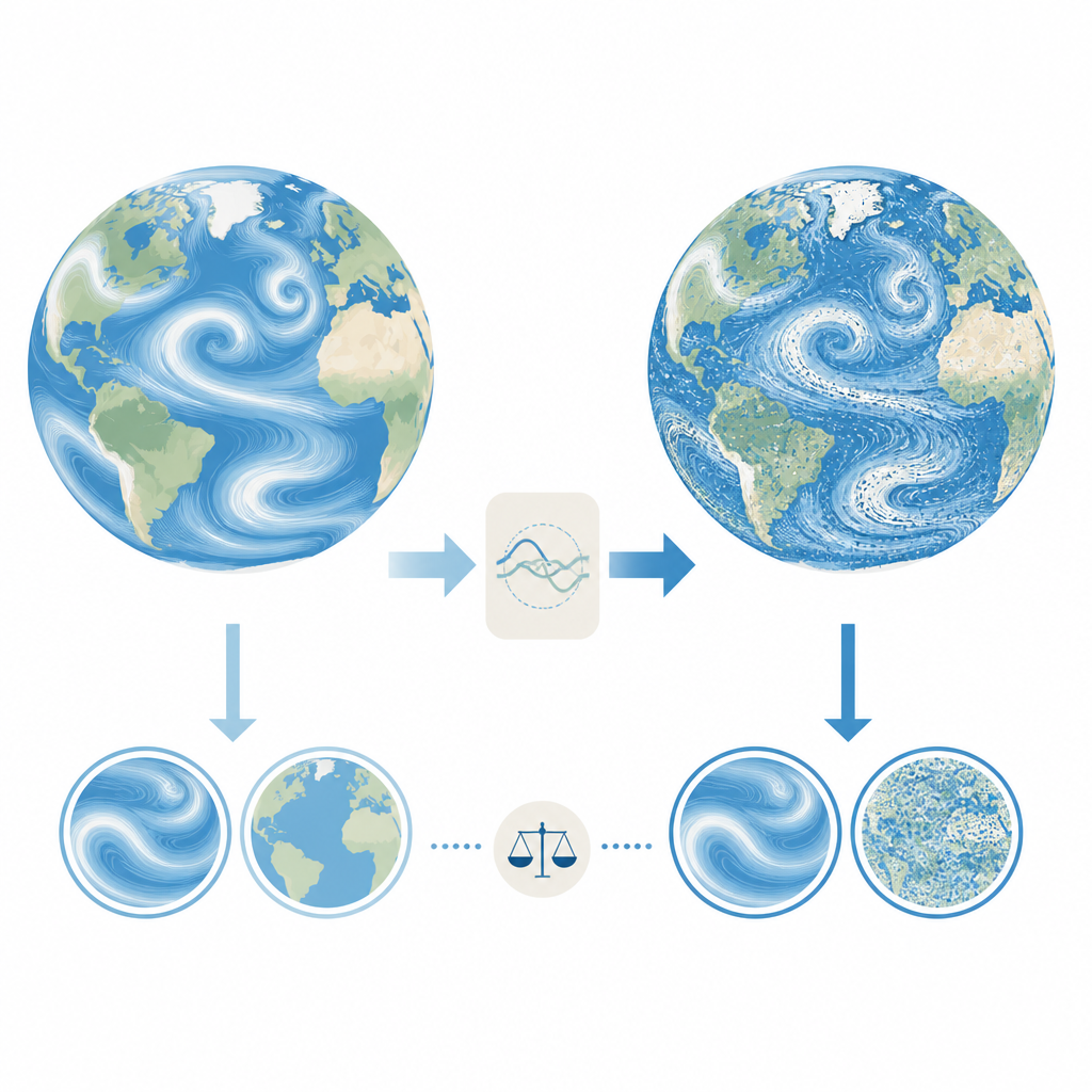 Figure 1. Comparer les ensembles météo traditionnels fondés sur la physique avec des ensembles générés par IA pour voir comment les erreurs de prévision croissent et se propagent.
