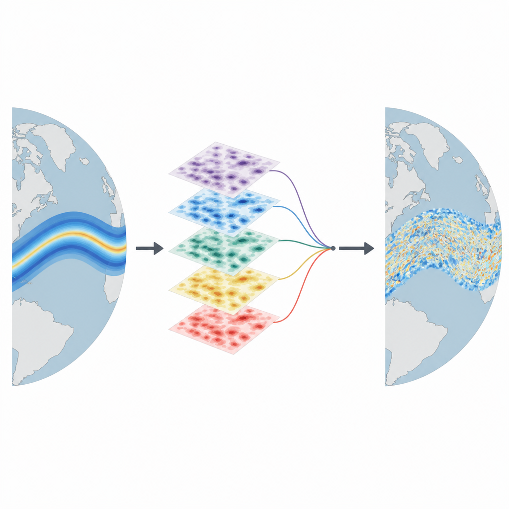 Figure 2. Comment le bruit injecté dans un modèle météo par IA crée des motifs statiques à petite échelle au lieu de jets et de courants évolutifs réalistes.