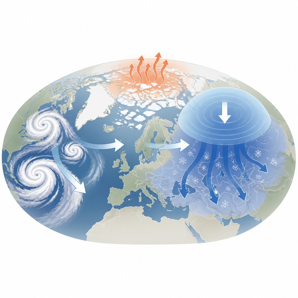 Figure 1. Как сильные зимние ветры и океанические шторма одновременно закрепляют арктическое потепление и глубокий евразийский холод