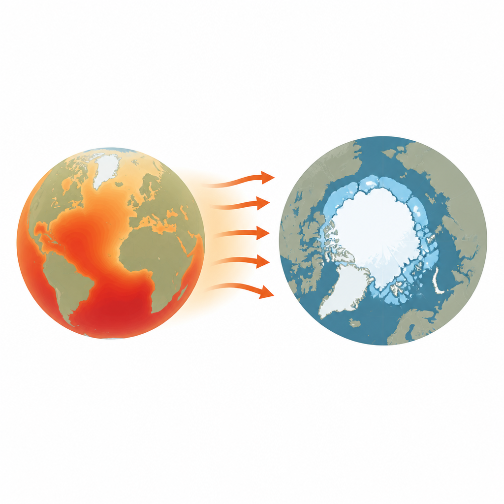 Figure 1. Come il crescente calore degli oceani globali alimenta il restringimento del ghiaccio marino artico in inverno e un riscaldamento polare più intenso.