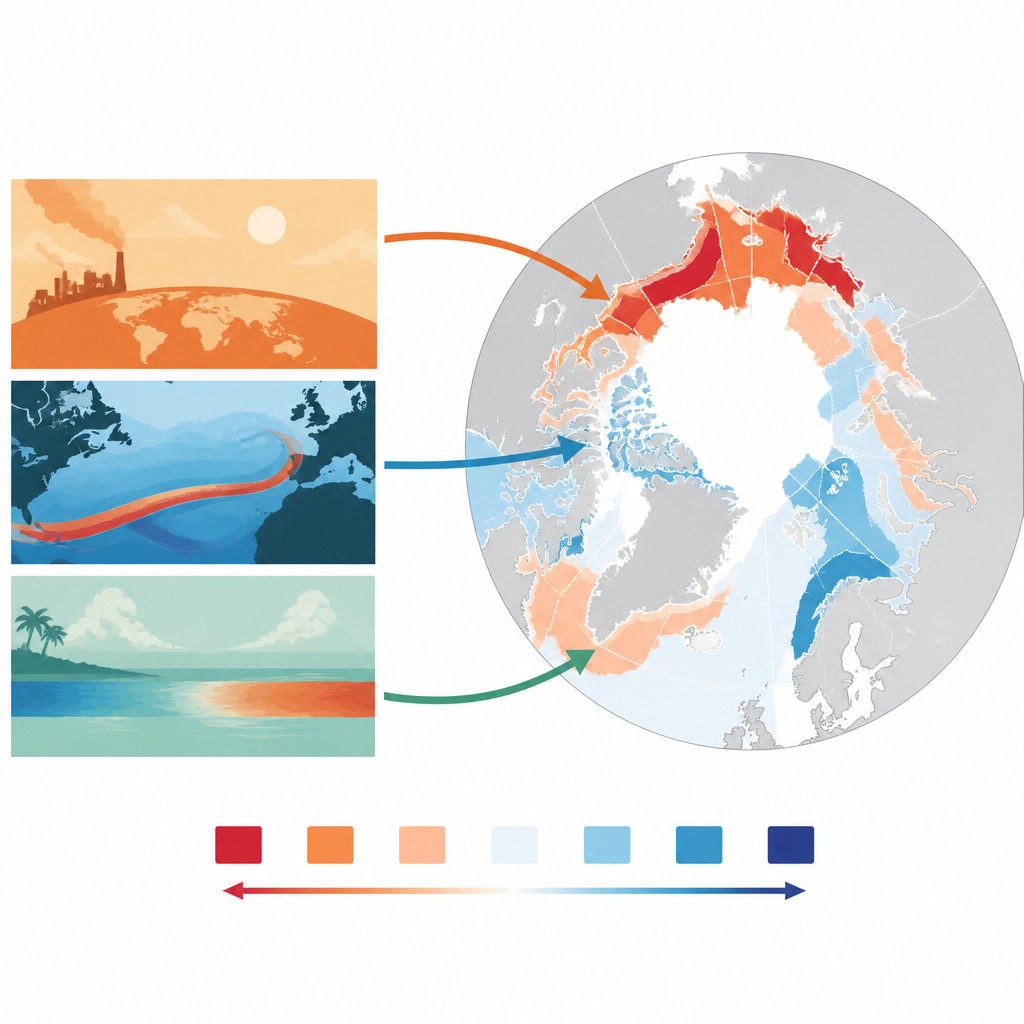 Figure 2. Come il riscaldamento globale, i cicli atlantici e El Niño influenzano ciascuno il ghiaccio marino artico invernale in regioni e modi diversi.
