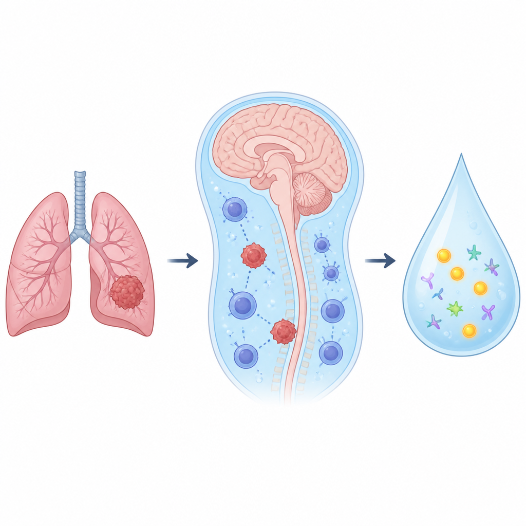 Figure 1. How cancer cells in brain fluid and a protein signal in that fluid can help doctors detect dangerous spread of lung cancer.