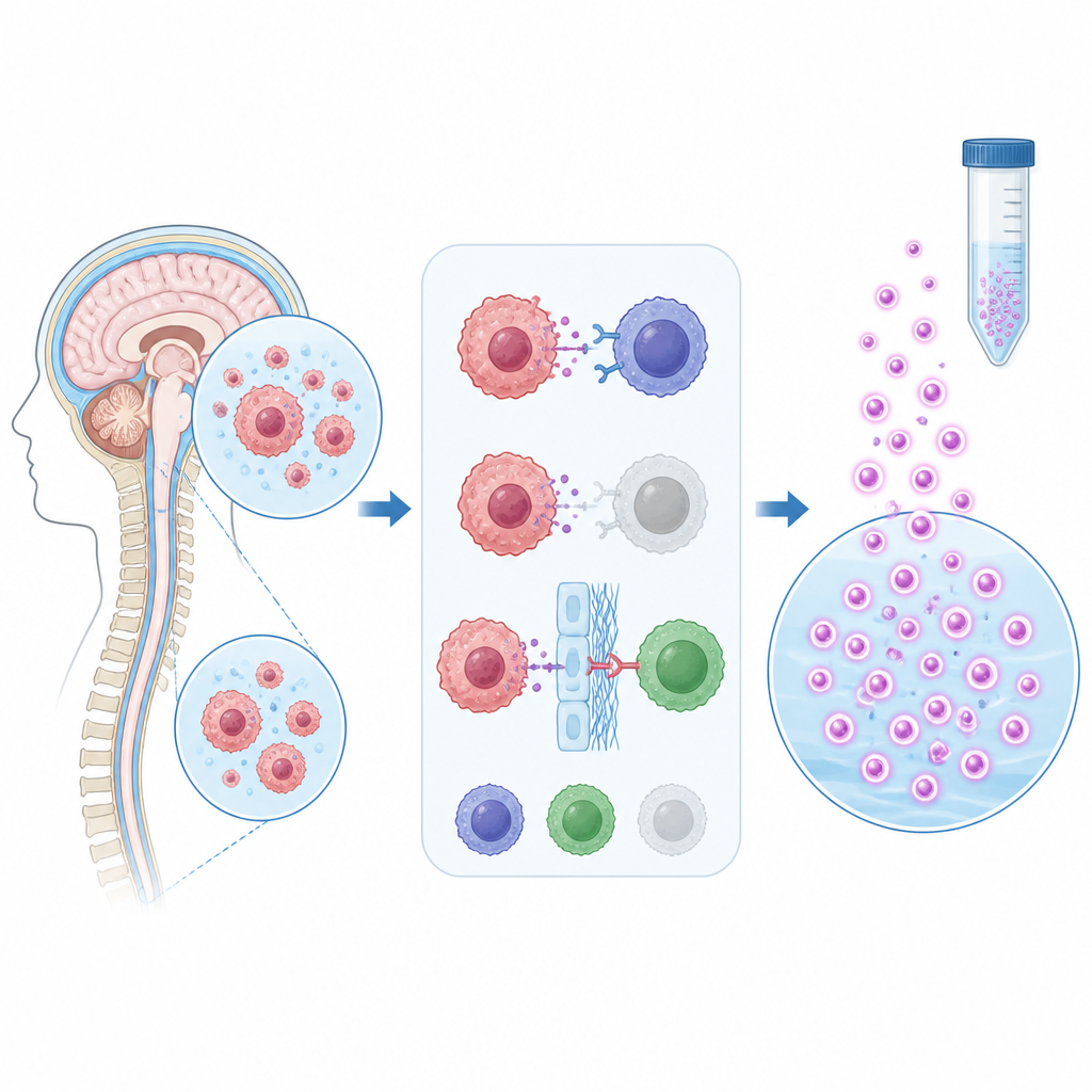 Figure 2. How tumor cells in brain fluid weaken immune cells and raise a protein signal that can be measured to diagnose disease.