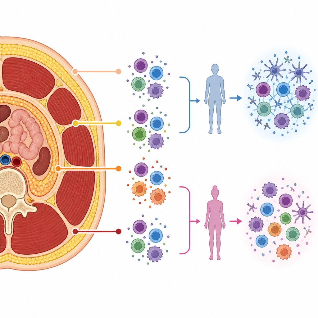 Figure 2. Specific internal fat and muscle patterns shape immune cell behavior inside lung tumors in men and women.