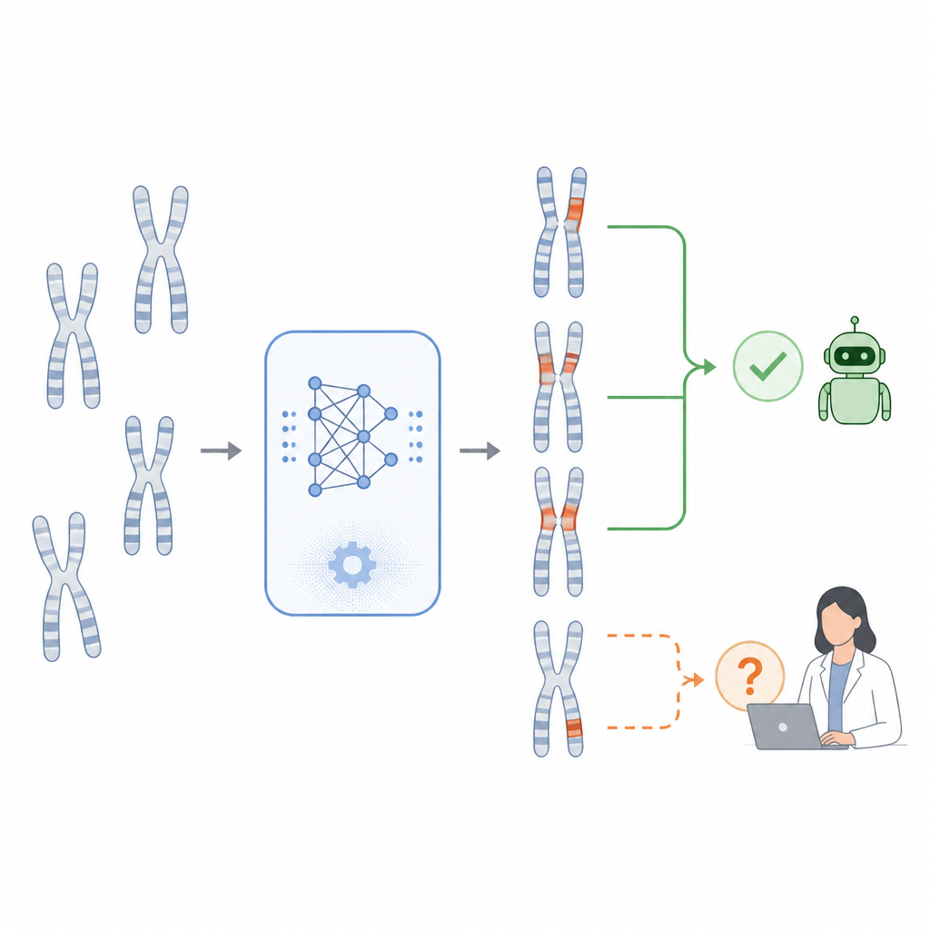 Figure 2. Stepwise view of AI examining single chromosomes, spotting subtle damage, and routing unclear cases to human experts