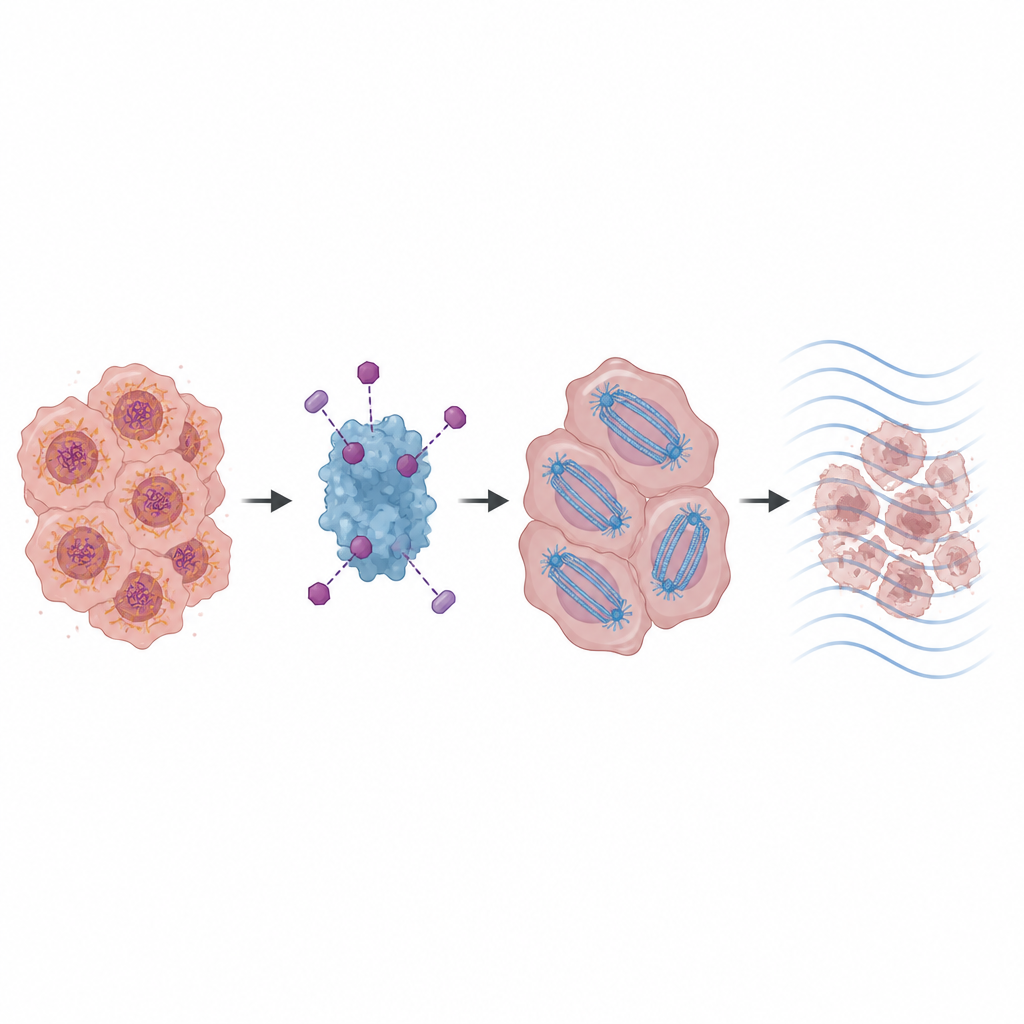 Figure 2. Die Blockade von NAALADL1 stabilisiert das zelluläre Gerüst, hält Krebszellen im Teilungsprozess fest und macht Tumor Treating Fields wirkungsvoller.