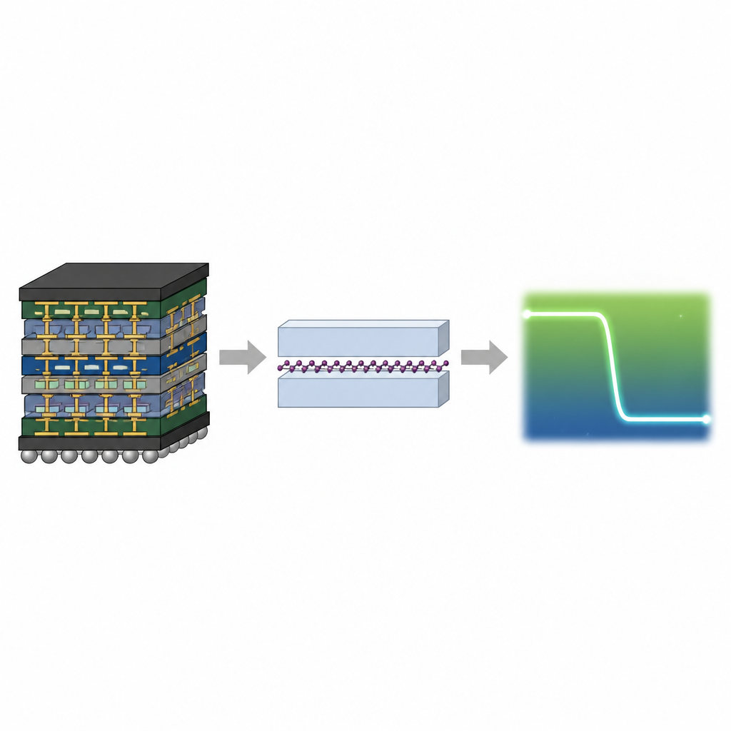 Figure 1. Cómo los interruptores de telurio ultrafinos encapsulados pueden ofrecer un comportamiento estable de encendido/apagado para chips 3D densos