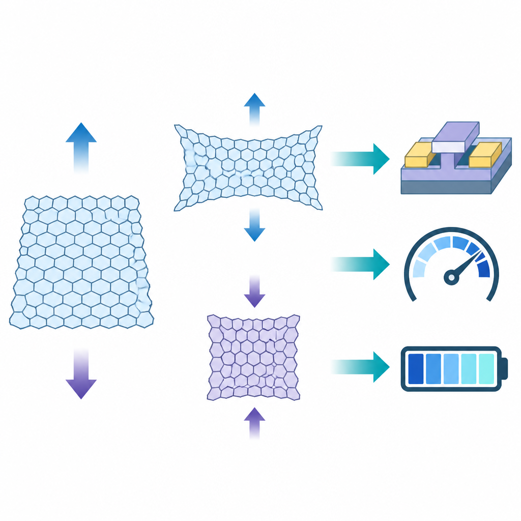 Figure 1. Wie das Strecken oder Zusammendrücken atomdünner Kristalle den Ladungsfluss in zukünftigen elektronischen Schaltern verbessern kann.