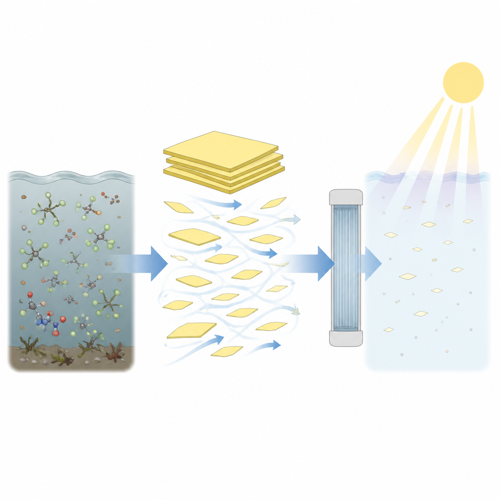 Figure 1. Door schuifexfoliatie verkregen carbonnitride-vellen gebruiken licht om hardnekkige verontreinigingen uit water te helpen verwijderen.