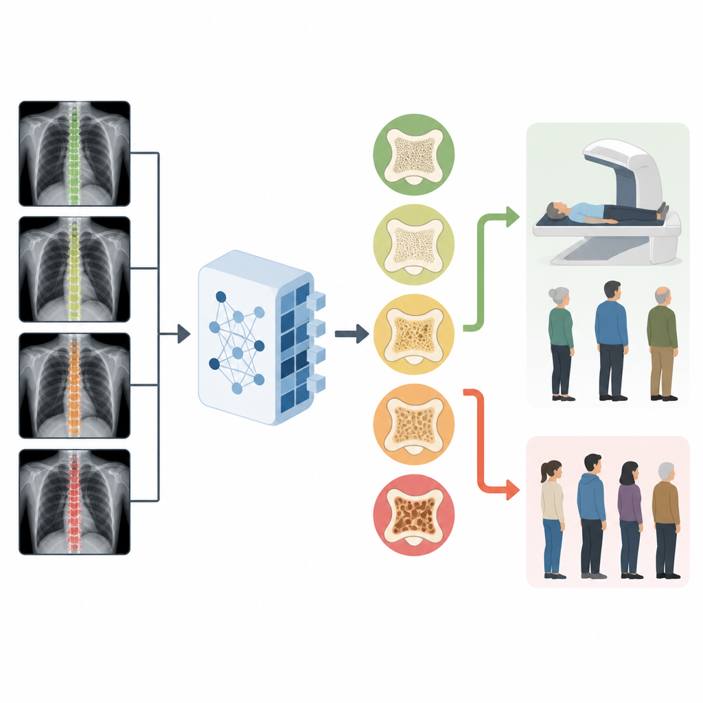 Figure 2. L’IA analyse les radiographies thoraciques, estime la résistance osseuse et classe les patients entre ceux nécessitant une DXA et ceux qui n’en ont pas besoin.