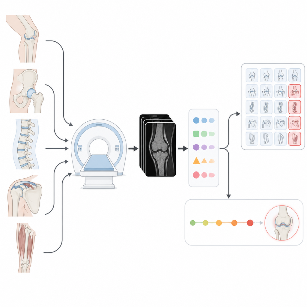 Figure 1. Yapay zekânın günlük eklem MRI taramalarını iş yükünü yönlendiren ve gelecekteki diz riski kararlarını şekillendiren sayısal verilere nasıl dönüştürdüğü.