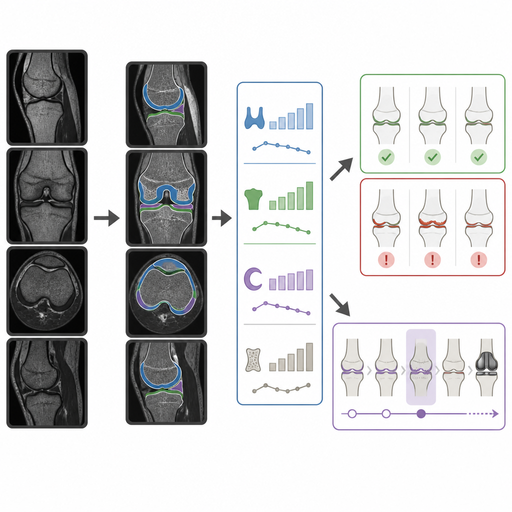 Figure 2. Diz MRI dilimlerinden renkli doku haritalarına, sayısal değişimlere, taramaların triyajına ve gelecekteki eklem hasarının tahminine kadar adım adım akış.
