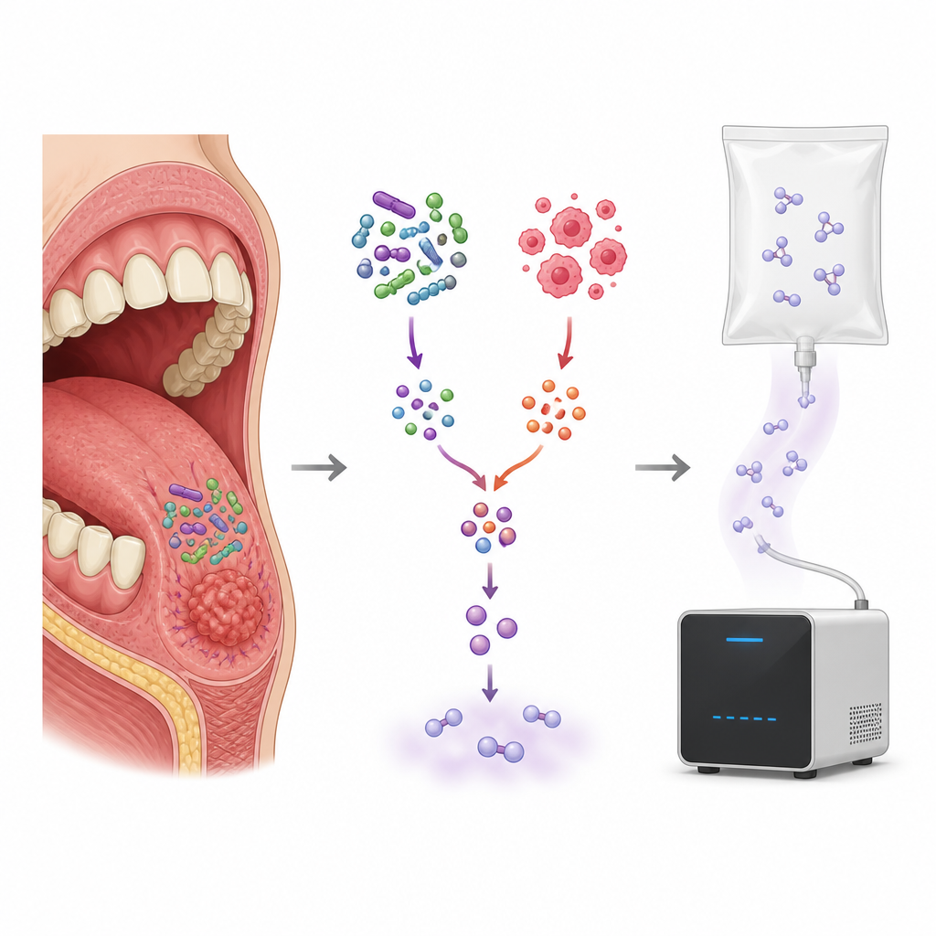 Figure 2. Bactérias bucais e células tumorais produzem conjuntamente um gás com enxofre que sobe no hálito e sinaliza o câncer oral a sensores.