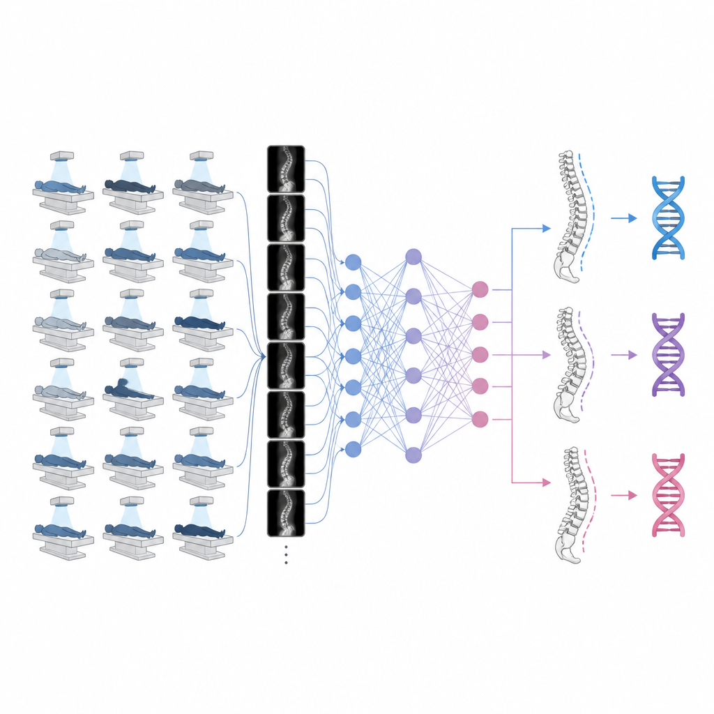 Figure 1. 多数の成人からの脊椎スキャンにAIを用いて隠れた側弯症とその遺伝的影響を明らかにすること。