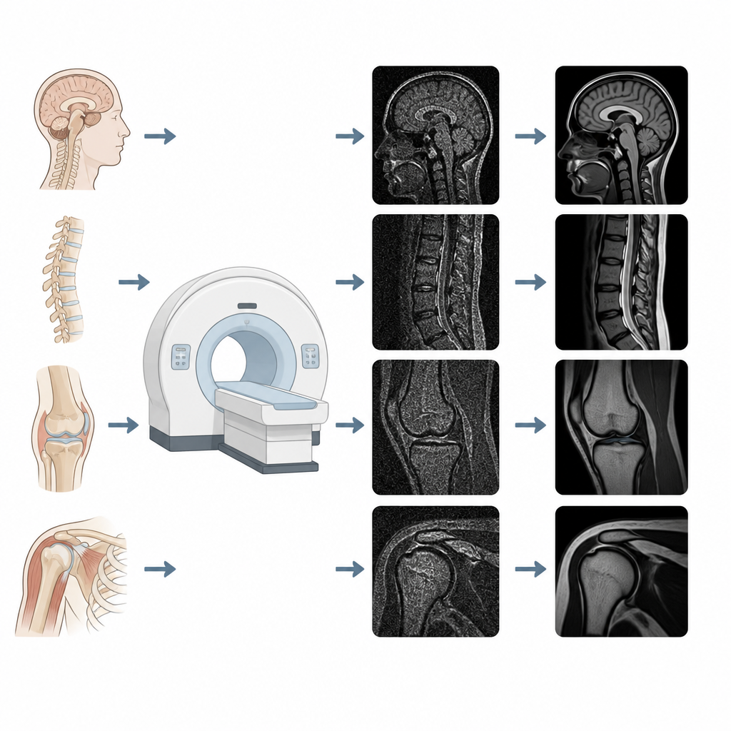 Figure 1. Scansioni MRI veloci in diverse aree del corpo vengono ripulite dall’IA in modo che i medici vedano dettagli chiari in molto meno tempo.