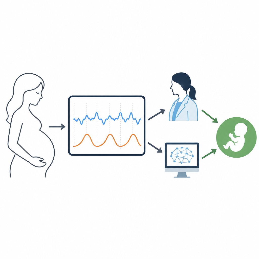 Figure 1. Des humains et un ordinateur travaillent ensemble pour lire les tracés du rythme cardiaque du bébé pendant le travail et mieux repérer les signes de détresse.