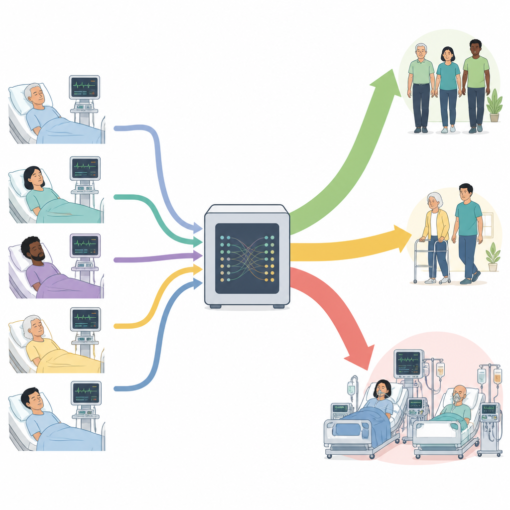 Figure 1. Cómo los datos de UCI y el aprendizaje automático clasifican a los pacientes con sepsis en vías de recuperación rápida, recuperación lenta o deterioro.