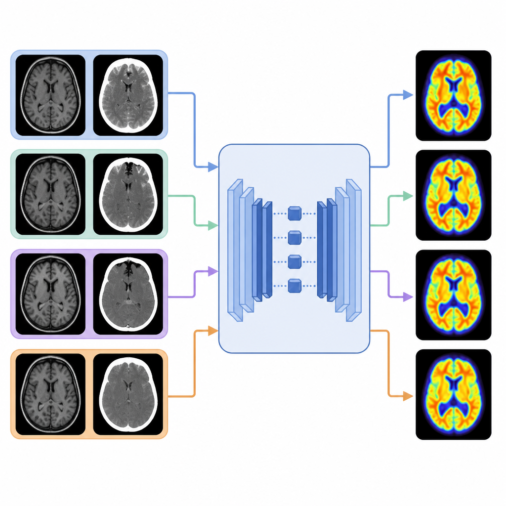 Figure 2. Informacje z MRI i CT zasilają model, który dostosowuje obrazy PET mózgu tak, aby ich kolory i wzorce odpowiadały badaniom referencyjnym.