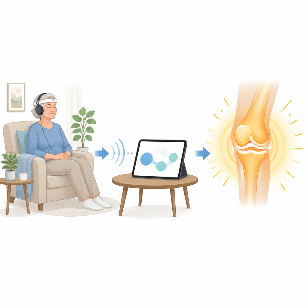 Figure 1. Sessioni di stimolazione cerebrale a casa possono alleviare rapidamente il dolore da artrosi del ginocchio usando piccoli dispositivi digitali e rilassamento guidato.