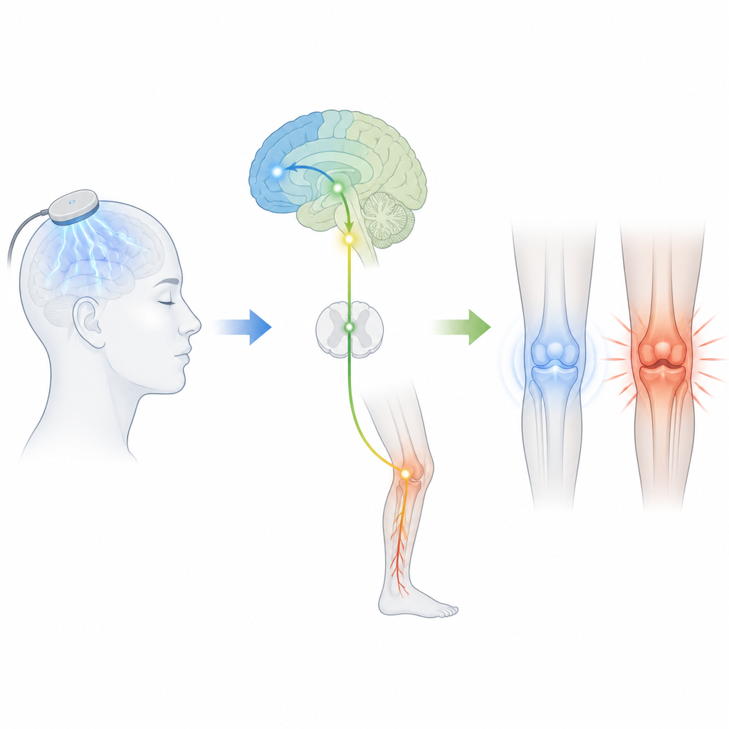 Figure 2. Una leggera stimolazione cerebrale modifica i segnali del dolore dalla testa al ginocchio, attenuando temporaneamente l’intensità percepita del dolore articolare.