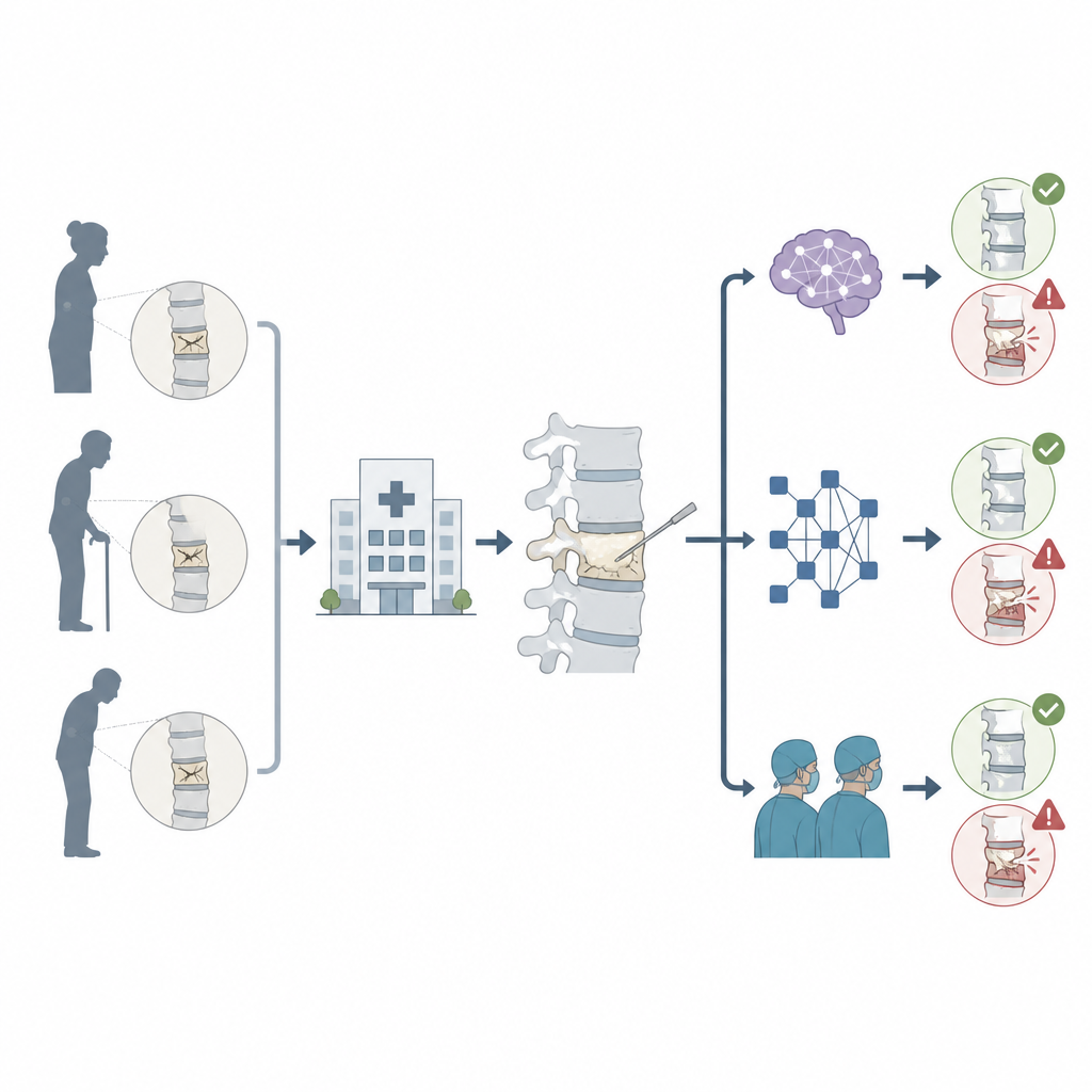 Figure 1. Confrontare strumenti di IA e chirurghi per prevedere quali pazienti spinali potrebbero sviluppare perdite di cemento o nuove fratture dopo il trattamento.