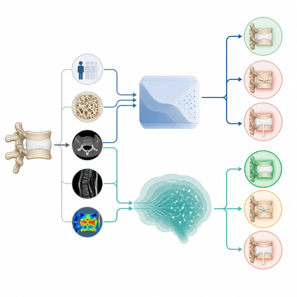 Figure 2. Come diversi sistemi di IA elaborano i dati della colonna vertebrale dei pazienti per prevedere una guarigione sicura rispetto a perdite di cemento o fratture future.