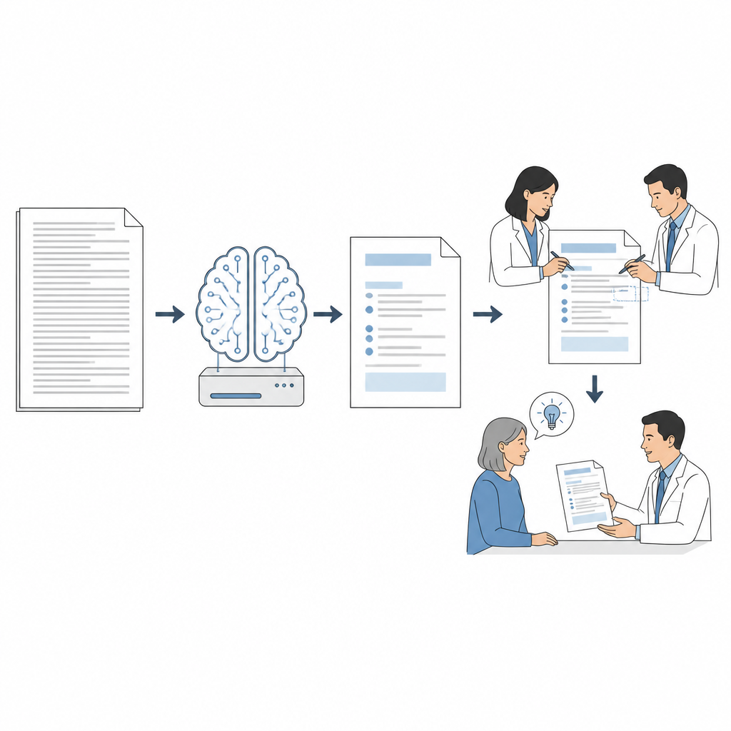 Figure 2. Schrittweiser Ablauf, bei dem KI den Text vereinfacht und Ärztinnen/Ärzte den Entwurf vor der Weitergabe an Patientinnen und Patienten überarbeiten.