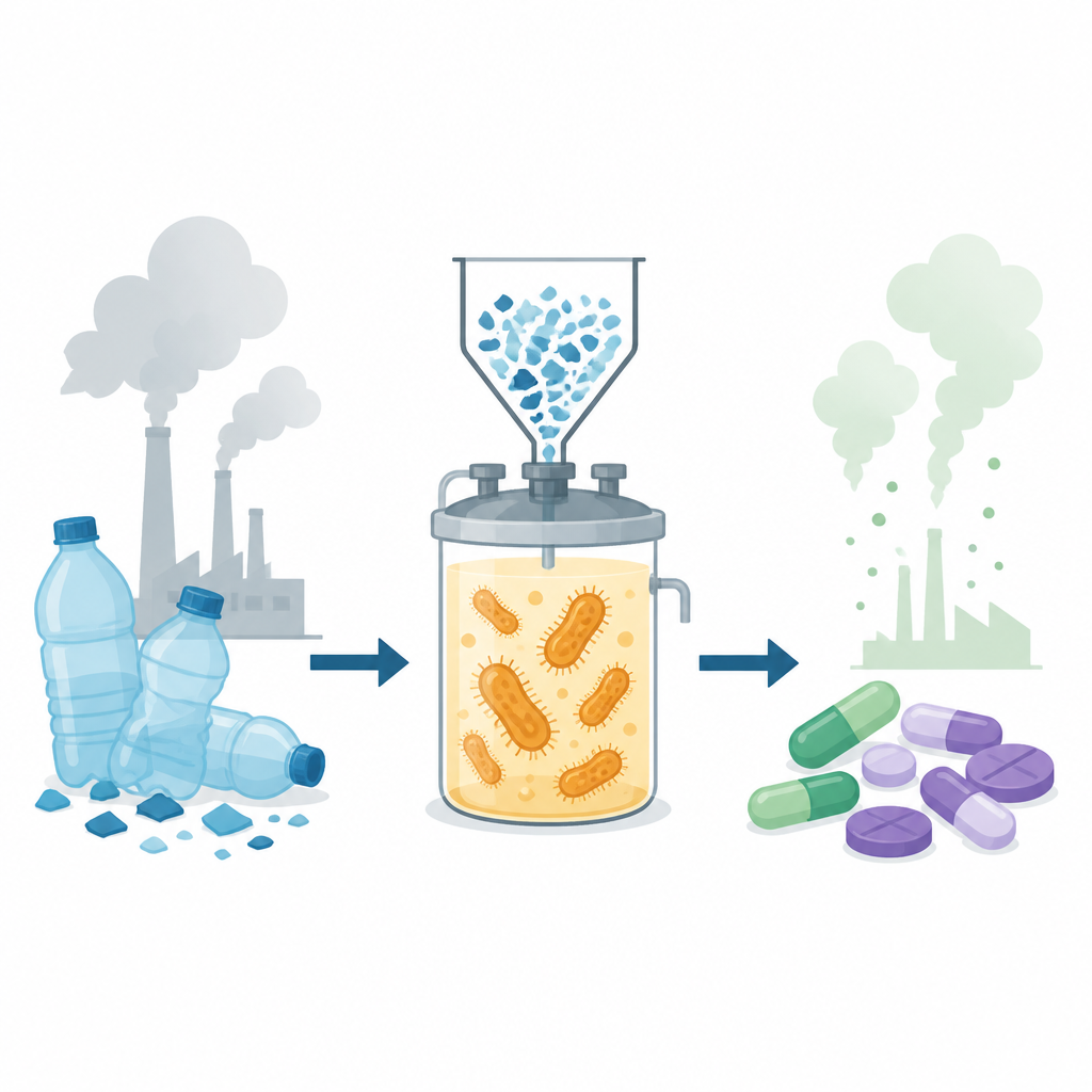 Figure 1. Plastikabfälle werden durch gentechnisch veränderte Mikroben geleitet und werden Medizin statt Deponie oder Rauch.