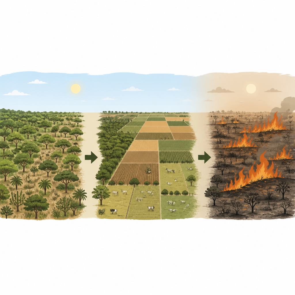 Figure 1. Wie Landwirtschaft und Dürre gemeinsam die Chaco-Wälder Südamerikas in eine feuergefährdete Landschaft verwandeln.