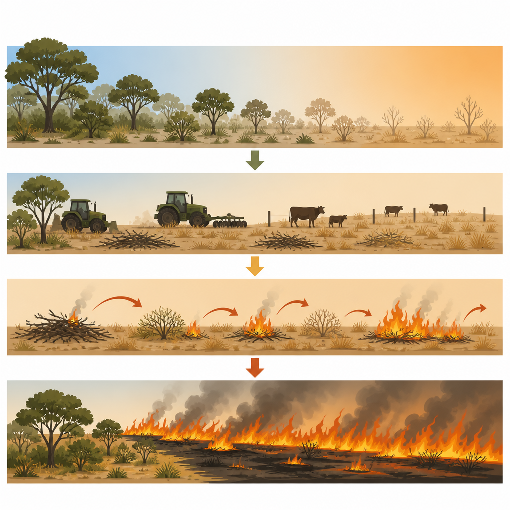 Figure 2. Schrittweise Darstellung, wie das Räumen von Wäldern und das Abbrennen von Weiden in trockenen Jahren zu größeren und häufigeren Bränden führt.