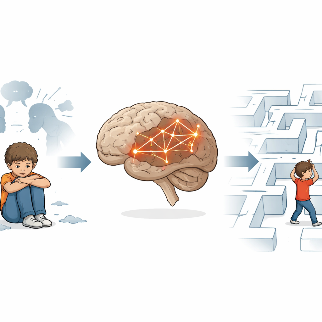 Figure 1. How early life stress changes brain connections and leads to later thinking and memory problems.